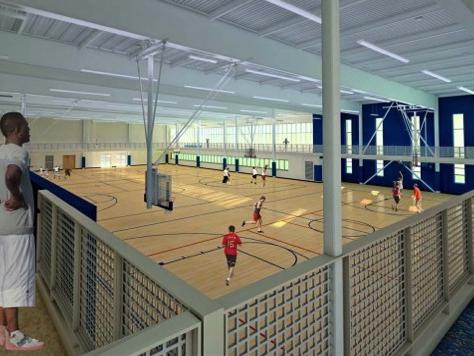 Intramural Buildiarchitectural rending, interior view from second-floor running track overlooking basketball, multi-use court