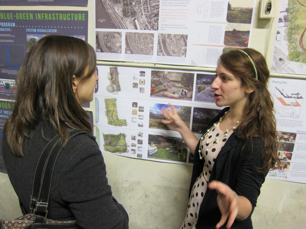 Leah Grosso talks to a member of the Hazelwood community