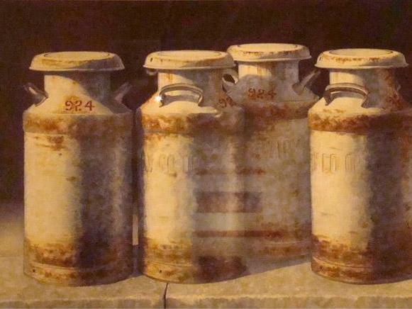 Watercolor painting of milk cans by J.D. Titzel