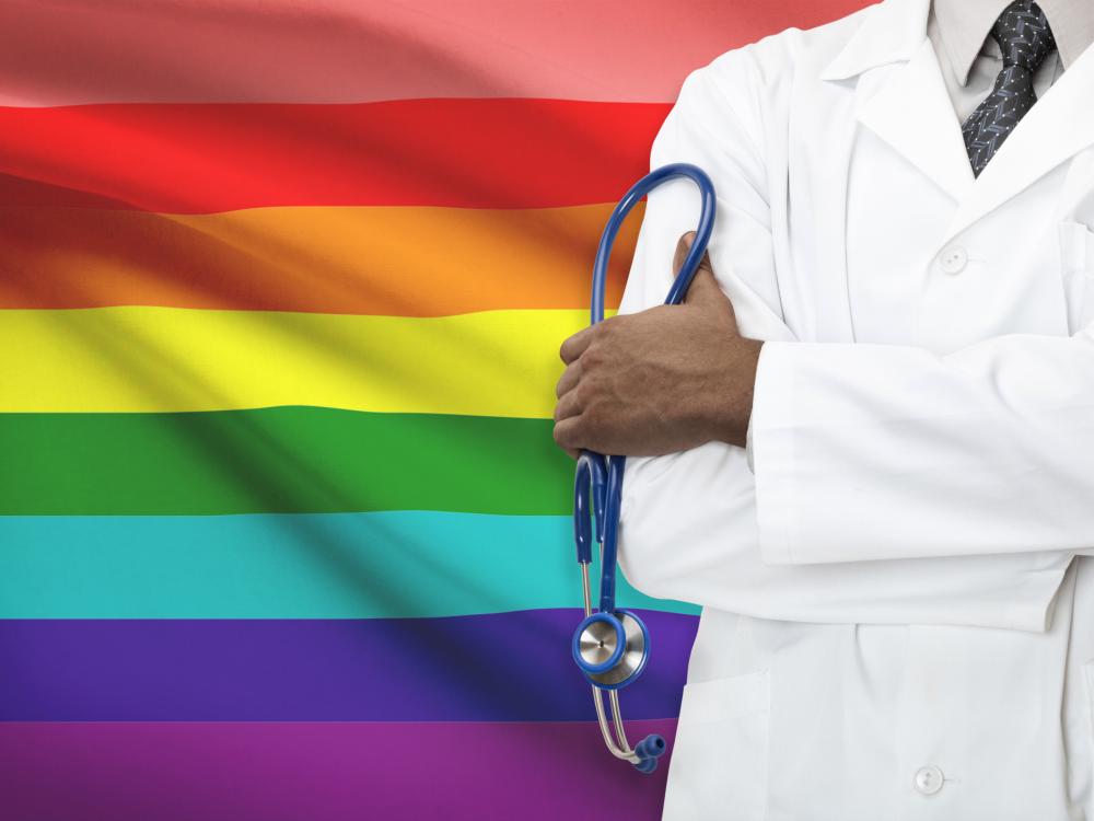 LGBT flag and dr. with stethoscope