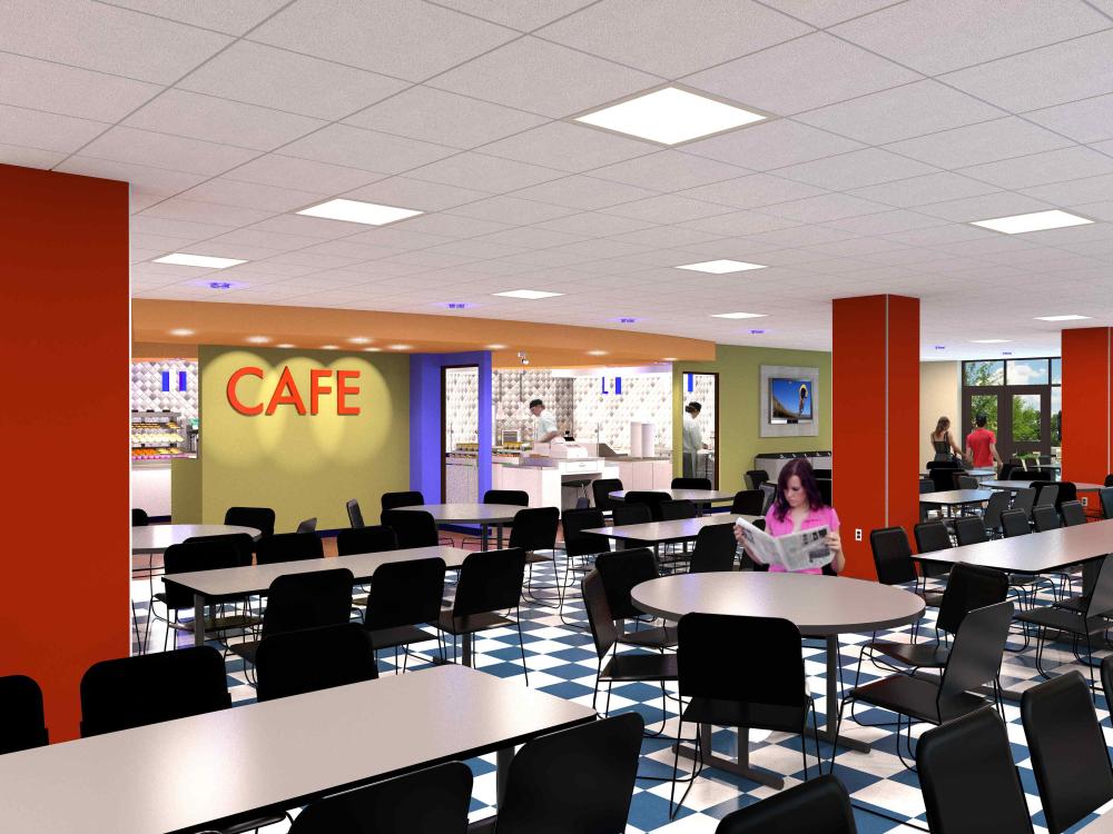 Architectural drawing of planned renovations to Lions Den Cafe - view looking east