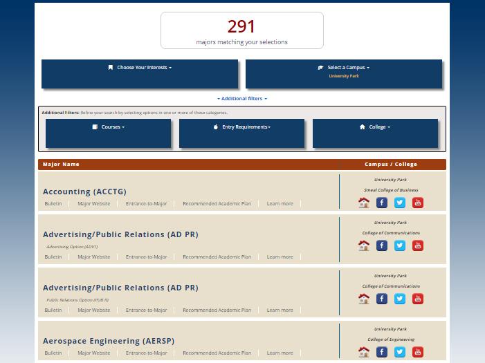 Screenshot of MajorQuest shows the landing page with filters and several majors displayed