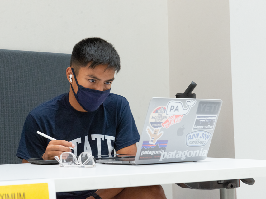 Student looking at a laptop computer