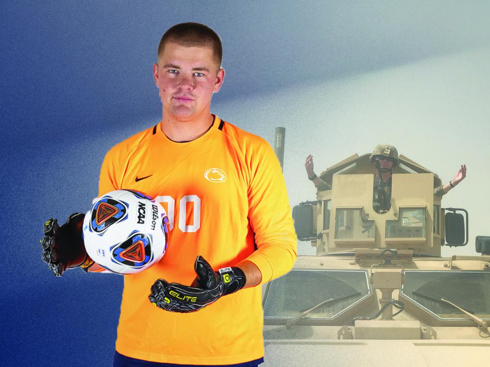 Collage of soccer player tossing ball and man in military tank