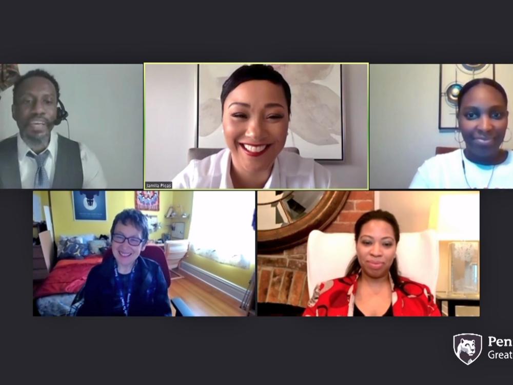 The five panelists of the Crossing Bridges summit on a computer screen