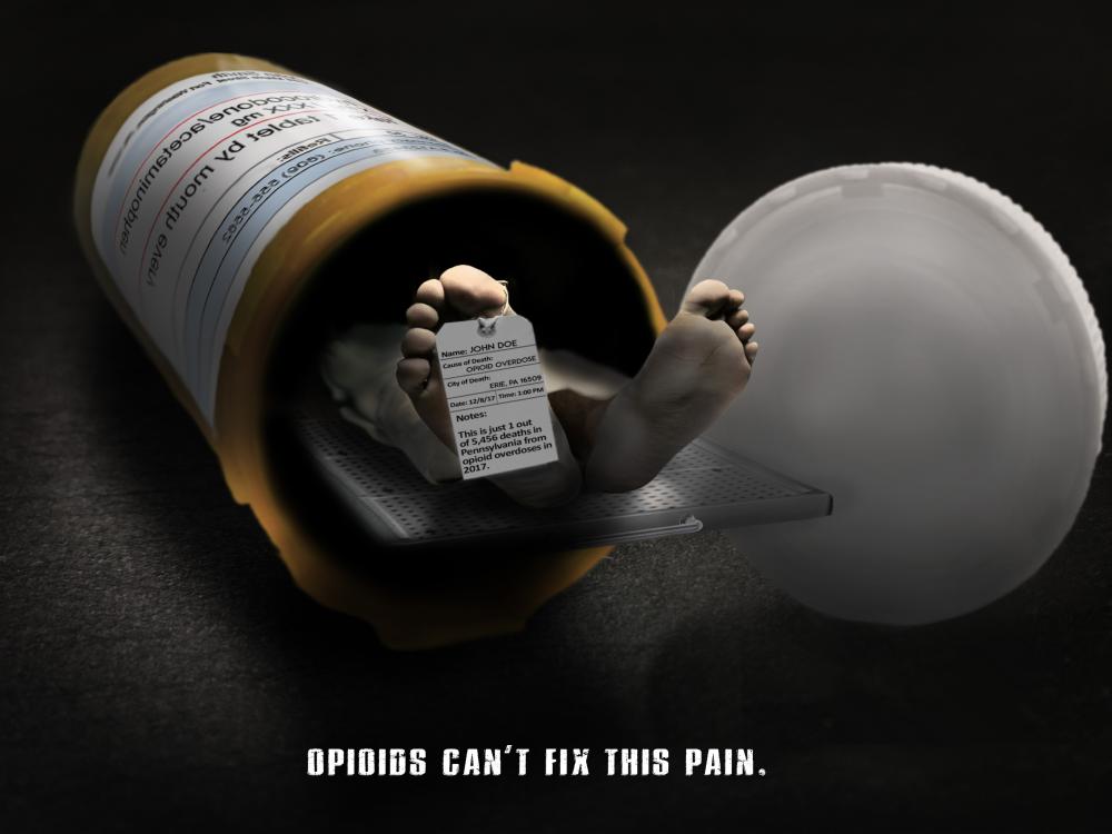 pill capsule represented as a morgue, warning of opioid dangers