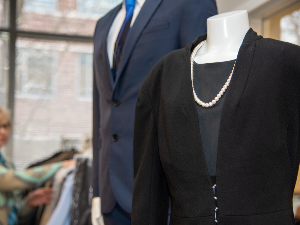 Suits on display at the Professional Attire Closet