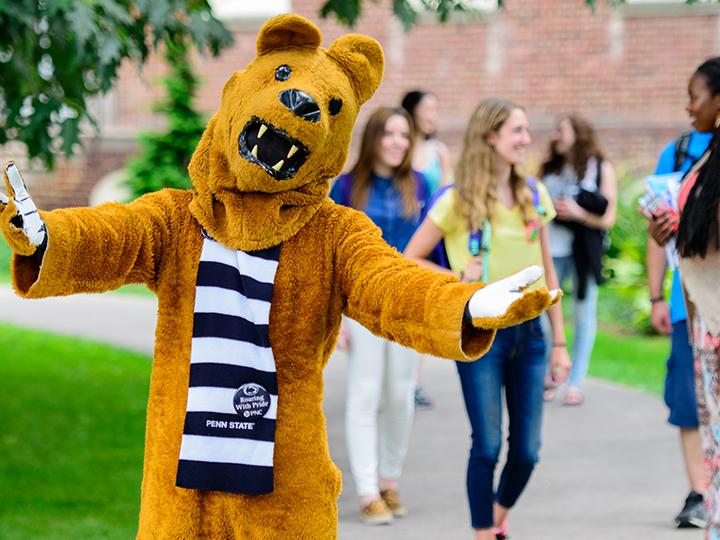 Nittany Lion welcoming students on campus.