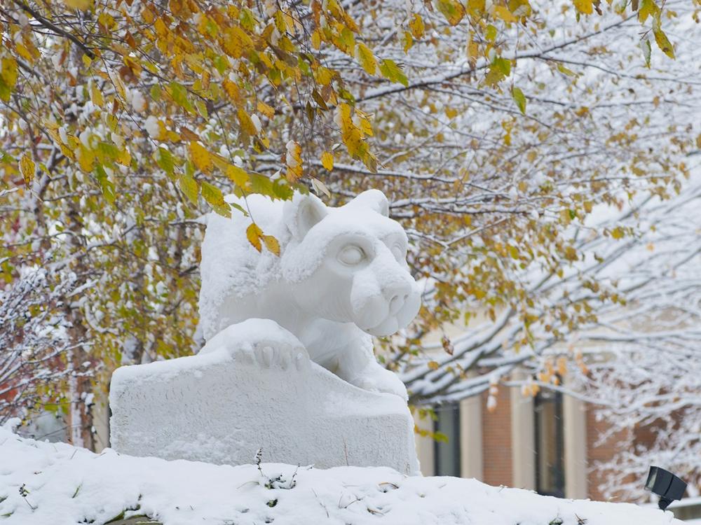 Golden autumn leaves surround this Penn State Beaver Lion Shrine in the snow.