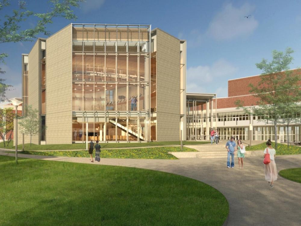 Exterior rendering of Esber Recital Hall renovation