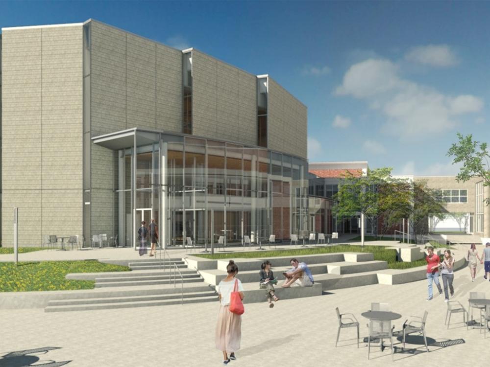 Exterior rendering of Esber Recital Hall renovation