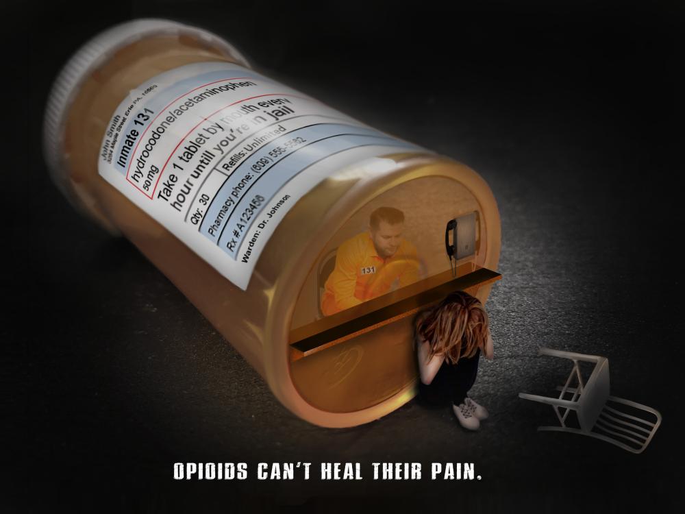 prison scene inside a pill bottle, representing the dangers of opioids