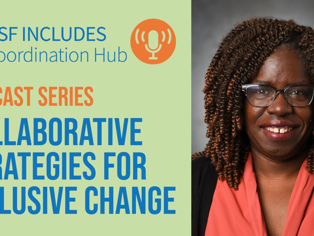 A green and blue podcast logo reading, "NSF INCLUDES Coordination Hub Podcast Series Collaborative Strategies for Inclusive Change," is next to a portrait of a woman smiling at the camera. 