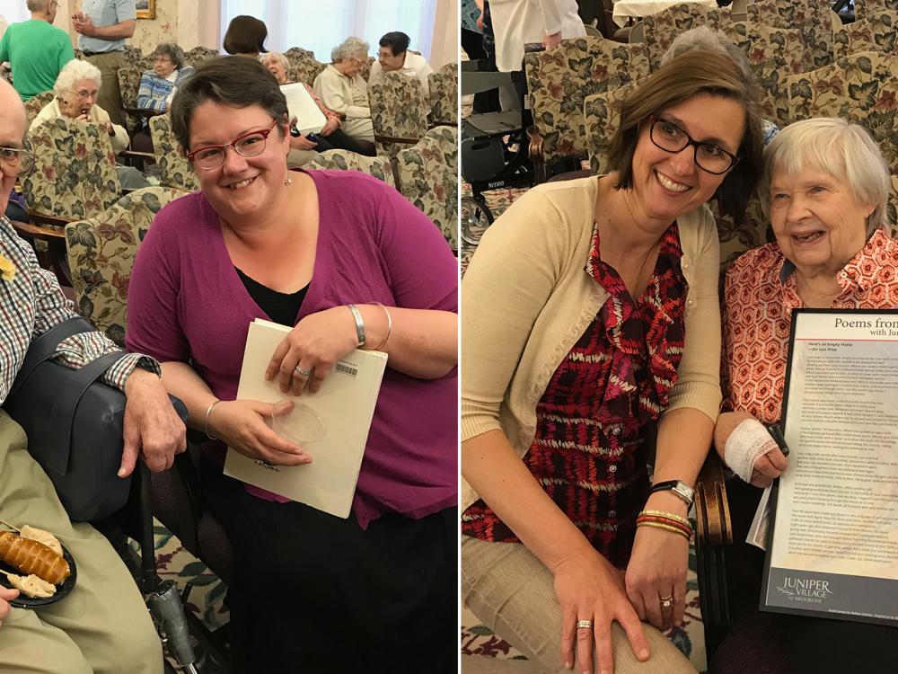 photo collage of two photos, each with two people, older man with woman holding booklet, two women with older woman holding poster of poem about her 