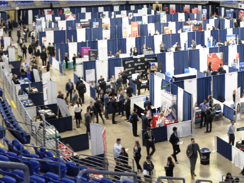 The Bryce Jordan Center floor filled with employer booths at a previous Spring Career Days event.