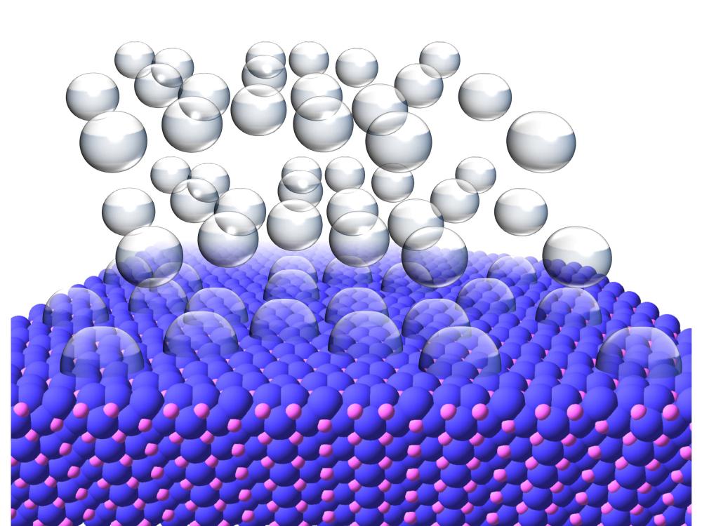 Bubbles floating off a pad of densely packed purple spheres