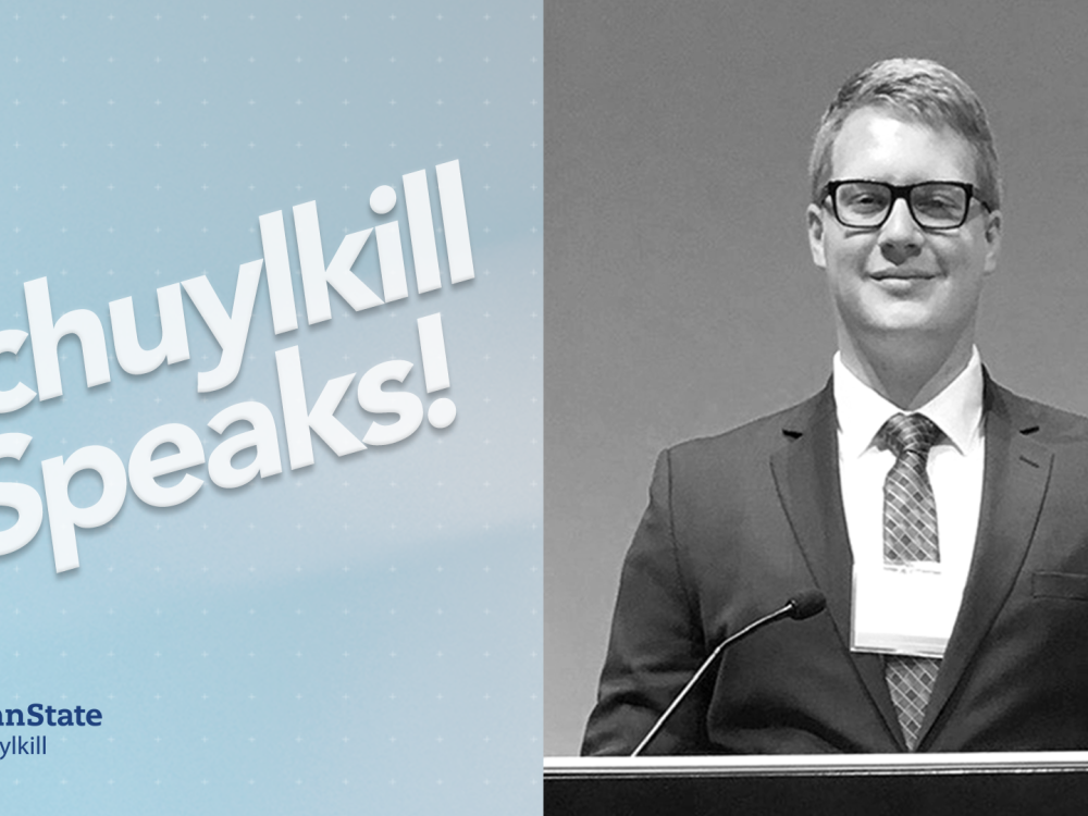 Black and white photo of Eric Thompson with text reading "Schuylkill Speaks" laid over it