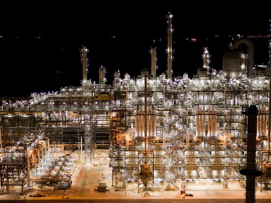 A nighttime photo of an ethane cracker plant