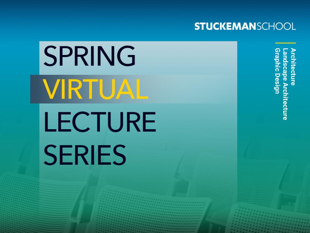 A blue and green screen across a row of empty audience seats with Spring Virtual Lecture Series text atop.