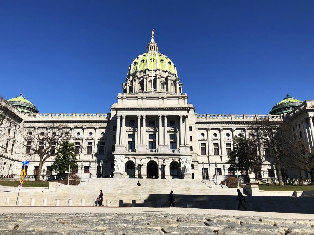 An exterior photo of the State Capitol Building in Harrisburg