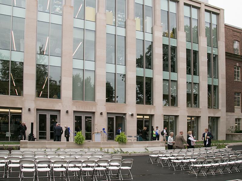 The rear of the Steidle Building features a wall of windows that deliver natural light into its many labs.