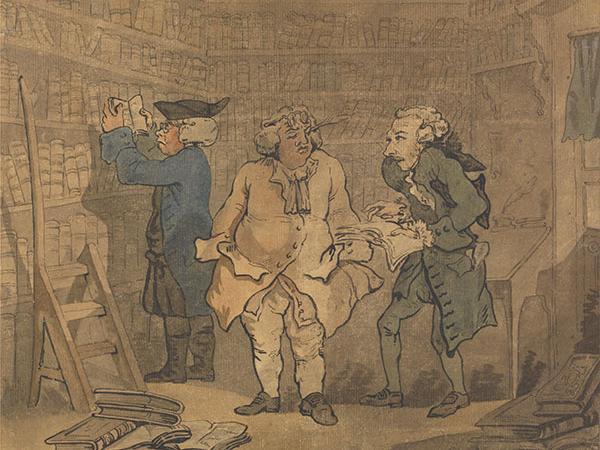 18th-century painting of three men standing in front of bookshelves