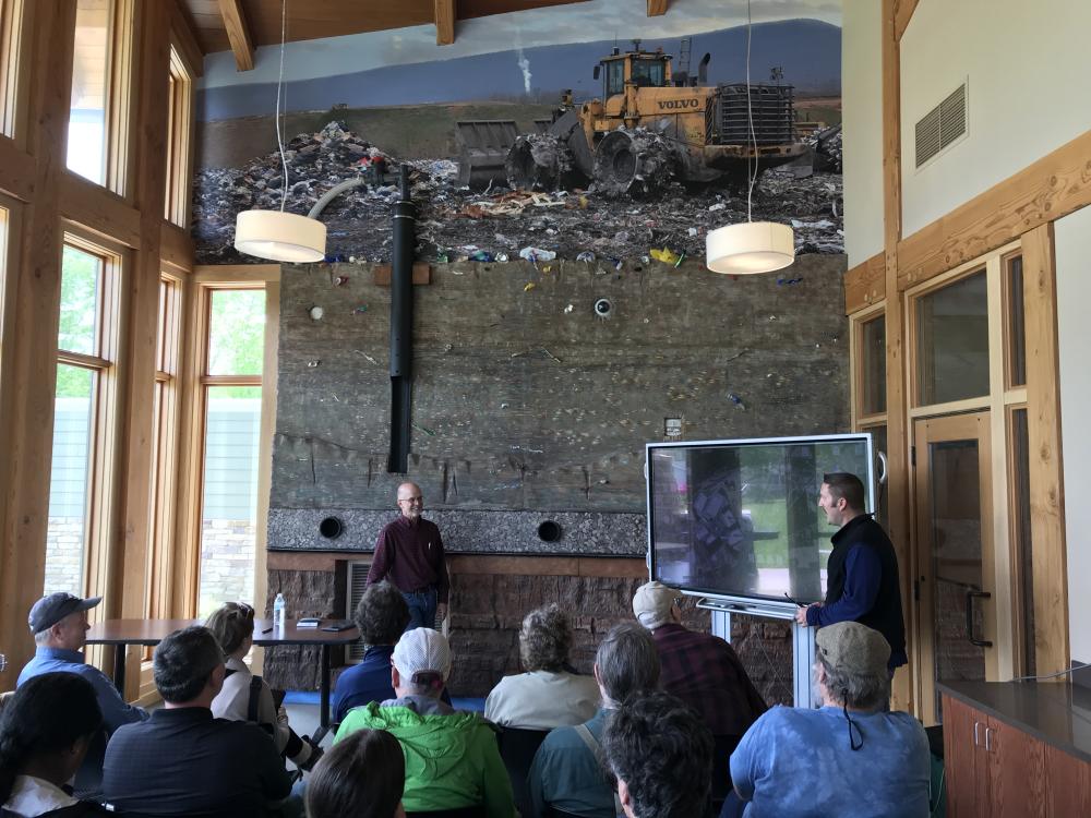 Michael Crist (left), environmental manager of the Wayne Township Landfill, and Dave Yoxtheimer (right), assistant research professor at Penn State, discuss how the landfill handles liquid and solid waste from shale energy development.