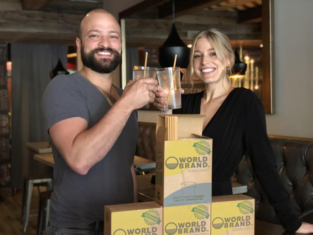 World Brand founders Petros Pappalas and Shanna Henry showcase their paper straw product