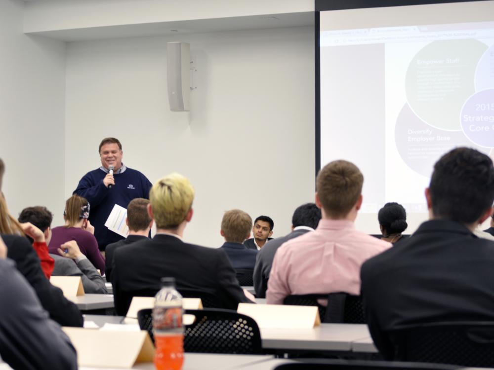 Bob Orndorff, director of Career Services, announces the Nittany Lion Careers career management system to students at a UPUA meeting.