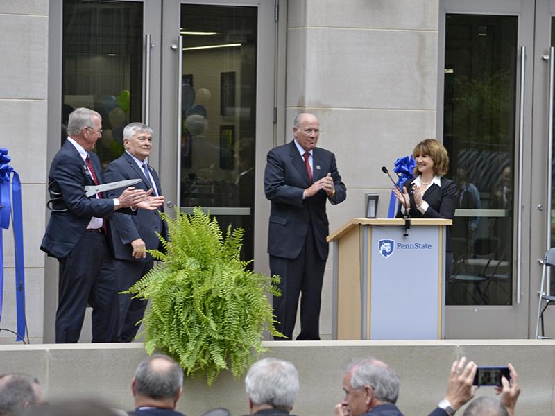 William Easterling, dean of the College of Earth and Mineral Sciences, left, Eric Barron, University President, Ira Lubert, Penn State Board of Trustees chairman, and Susan Sinnott, head of the Materials Science and Engineering Department