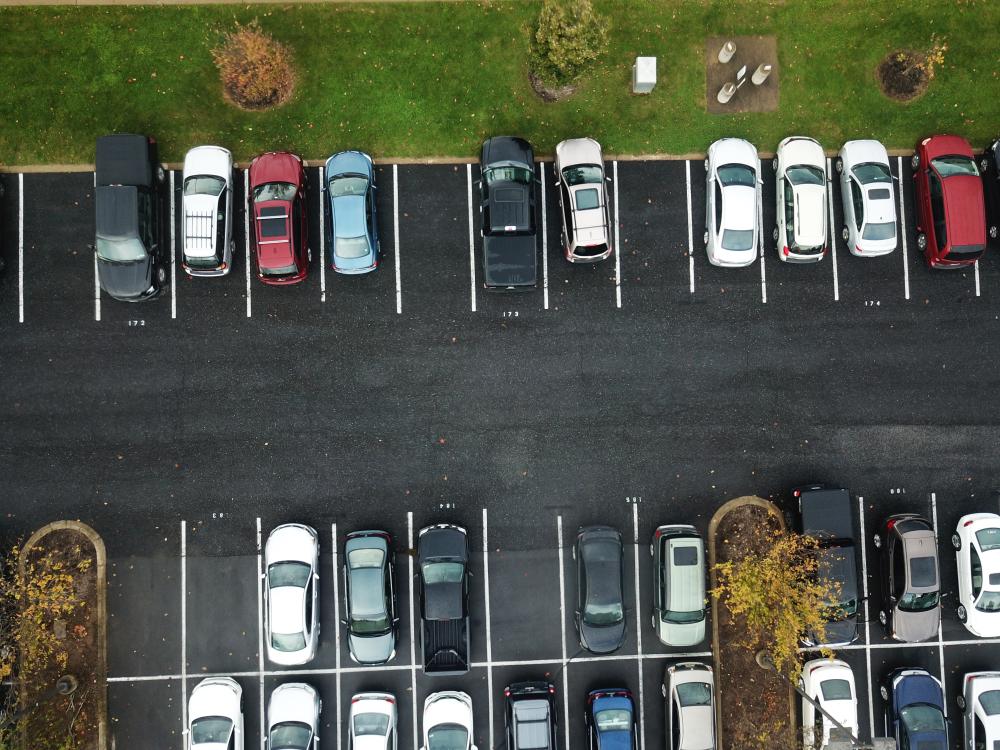 Photo captured from the drone of the Leonhard Building parking lot