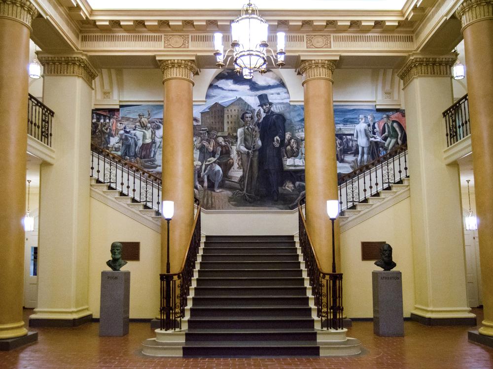 The north wall of the Land-Grant Frescoes in Old Main