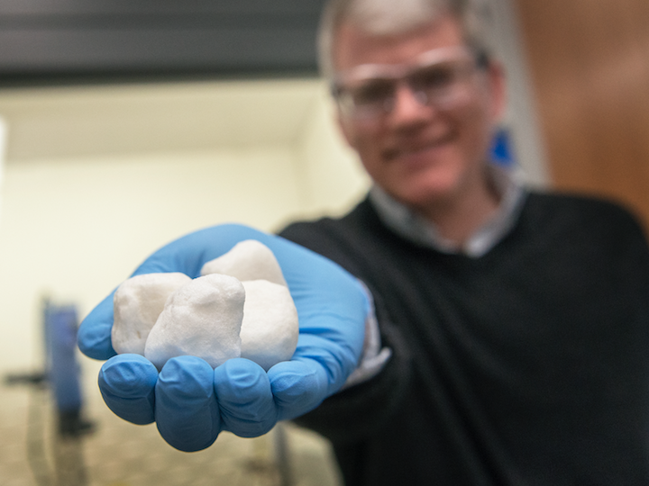 Jeff Catchmark with chunks of biofoam