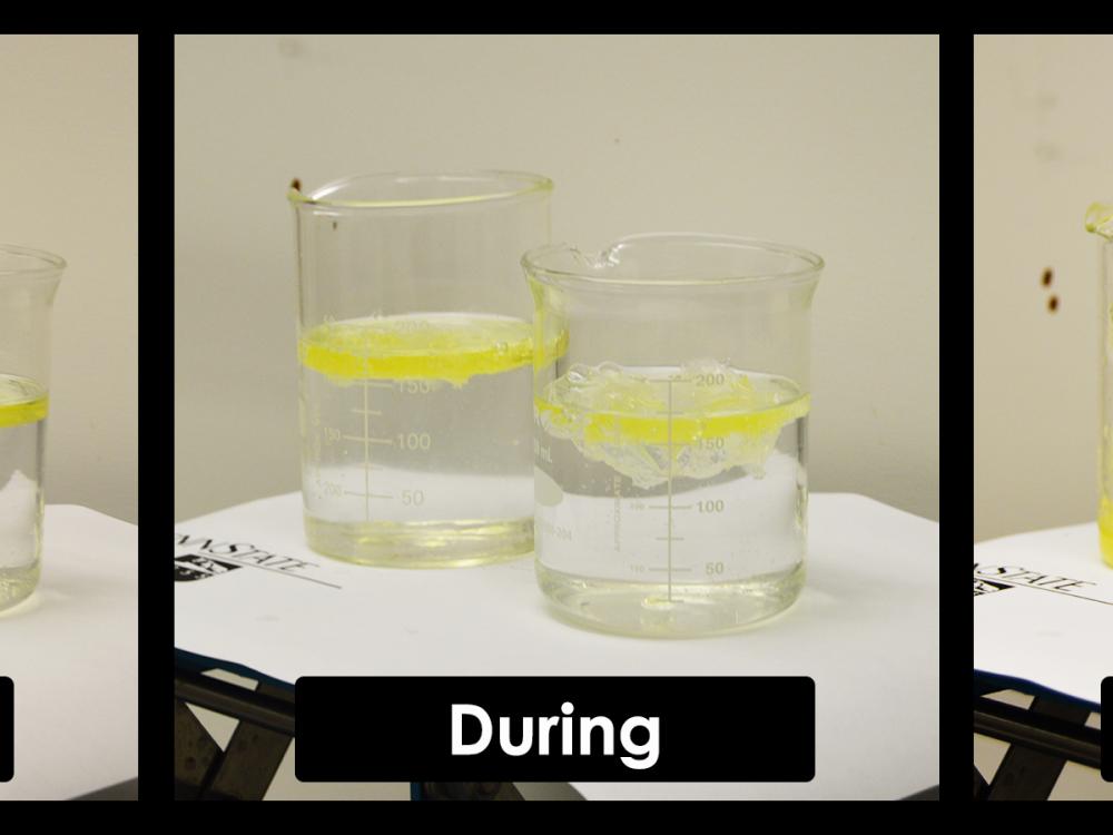 before, during, and after images of PetroGel as it absorbs diesel gas.