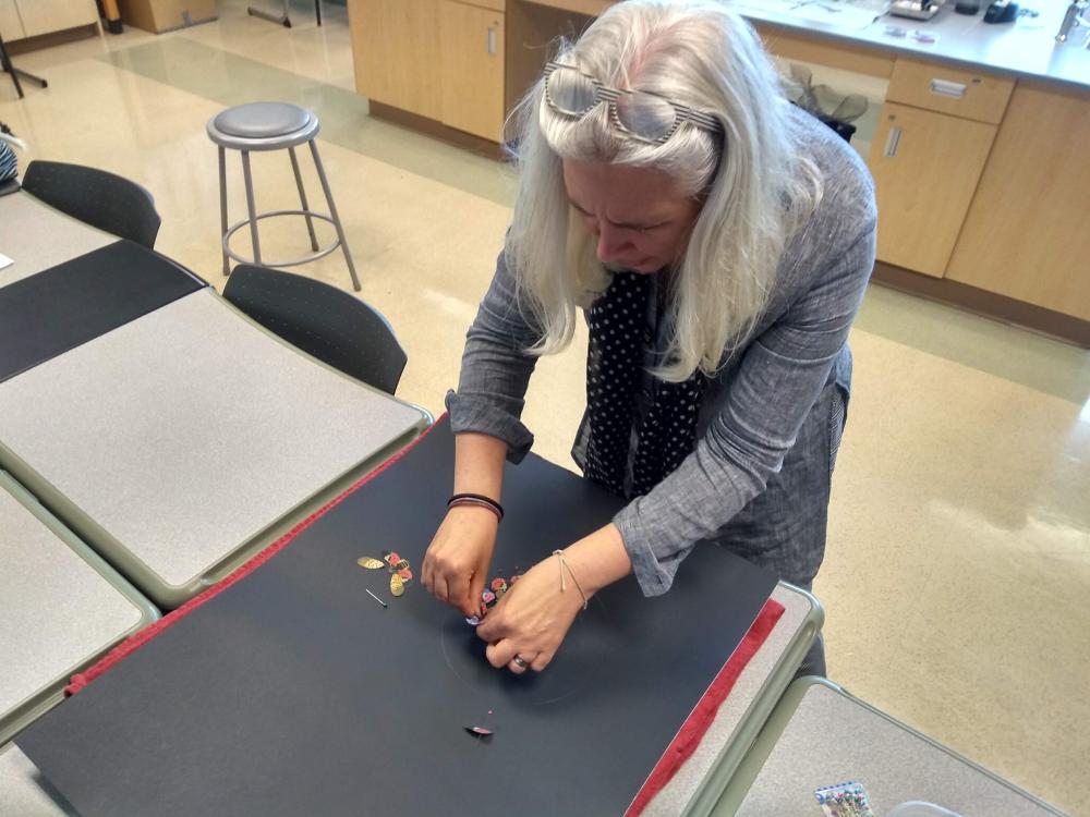 artist pinning insect wings on a board
