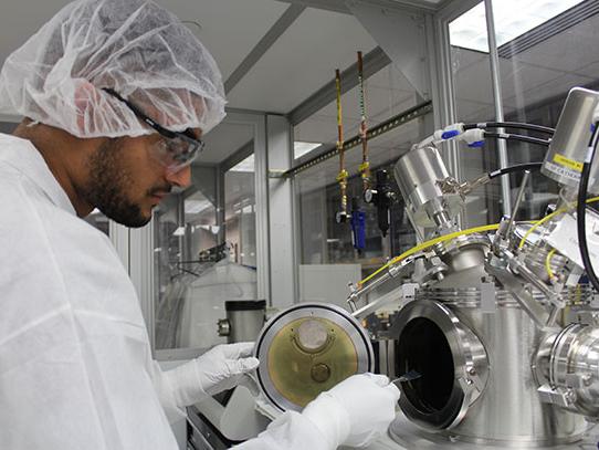 A graduate student gains hands-on experience with state-of-the-art nanotechnology equipment in the Center for Nanotechnology Education and Utilization Teaching Cleanroom.