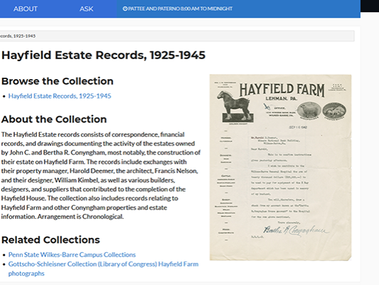 Screenshot of link to Hayfield estate records