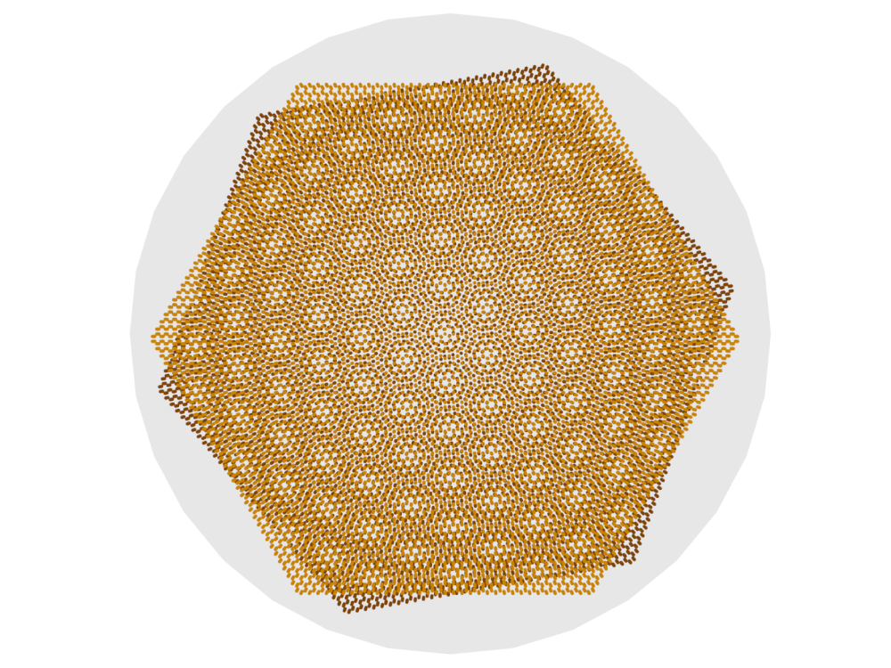 One hexagonal sheet is overlaid and rotated slightly on another hexagonal sheet.