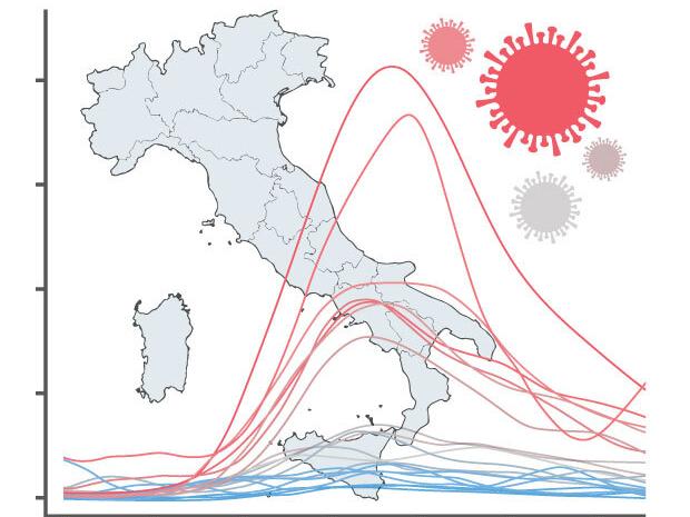 map of Italy overlaid with a graph and virus illustrations