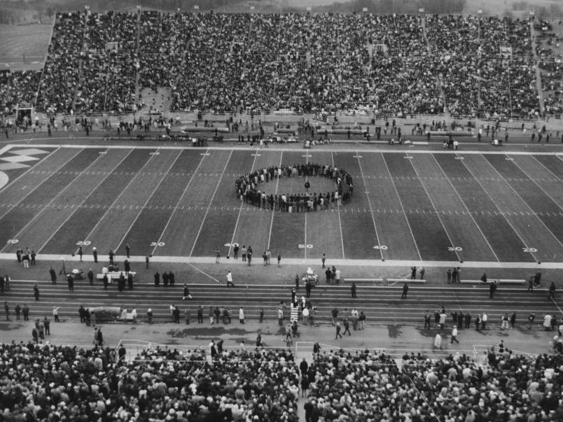 Black student protest on football field at halftime of 1969 football game