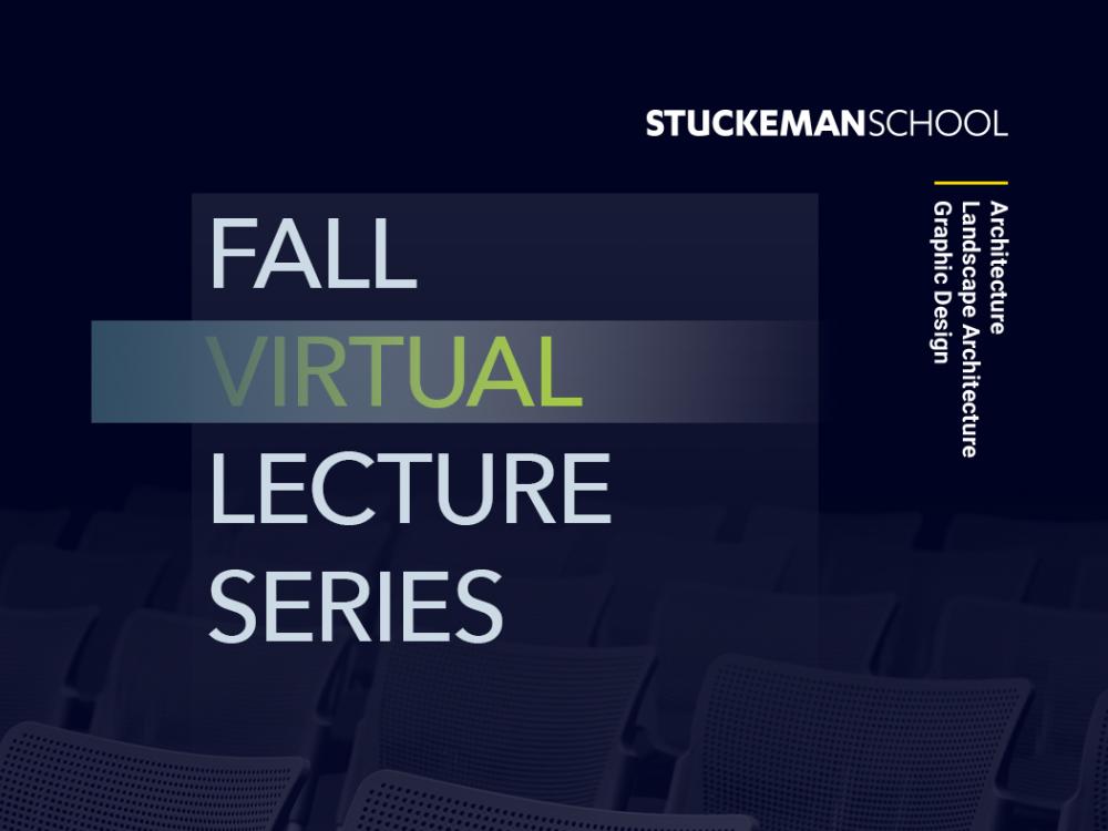 Dark blue background screen over empty lecture chairs with the text Fall Lecture Series atop along with the Stuckeman School mark.