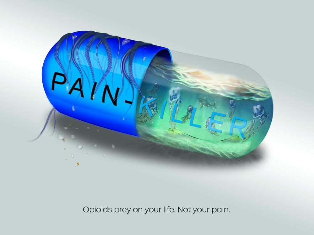 jellyfish swimming inside a pill capsule, representing the dangers of opioids
