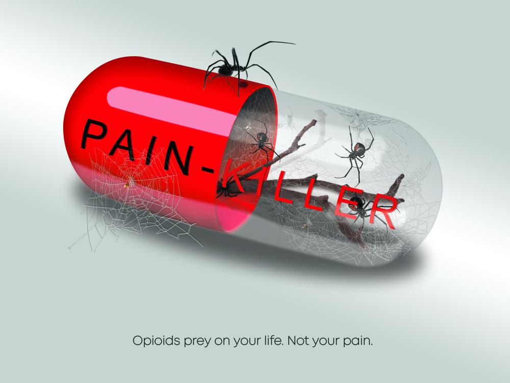 spiders infesting a pill capsule, representing the dangers of opioids