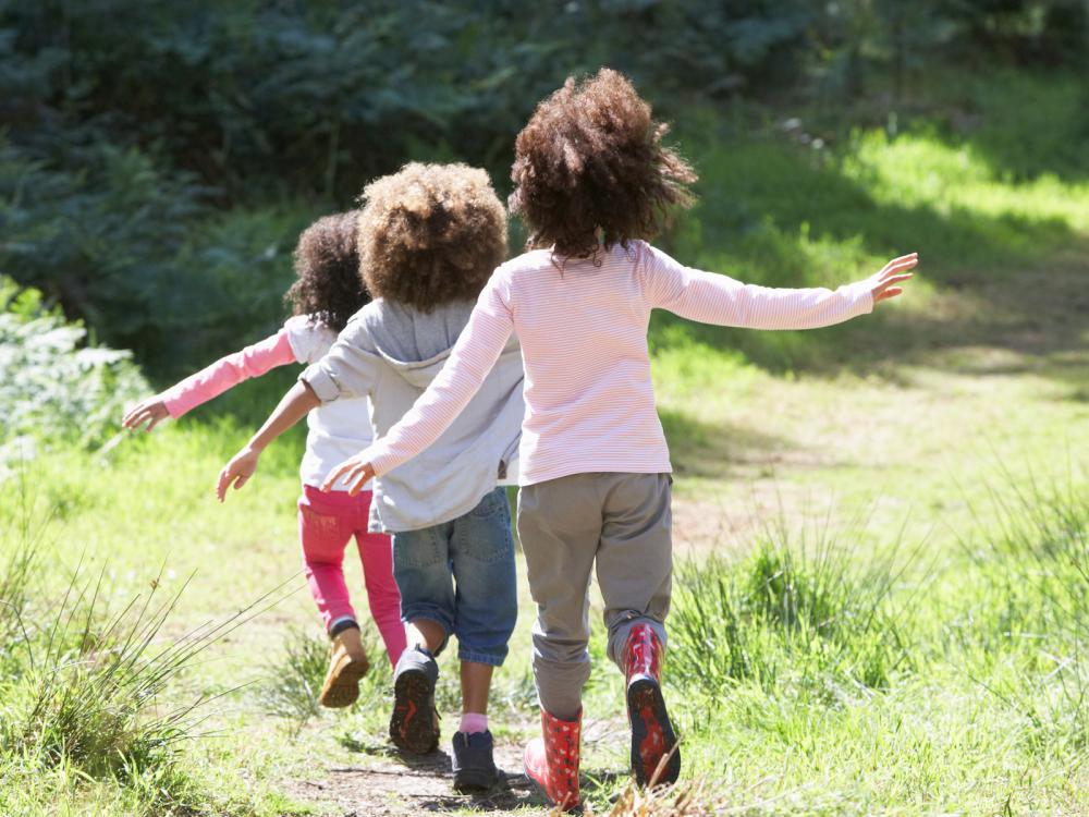 Three Children Playing In Woods Together