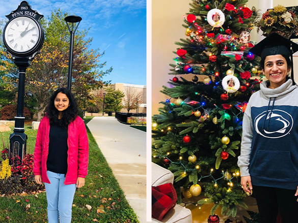 On the left, a female student stands in front of the clock at Penn State Great Valley. On the right, another female student wearing a Penn State sweatshirt and a graduation cap stands in front of a Christmas tree