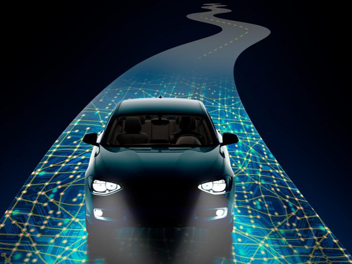 a graphic representation of a car driving on winding roadway
