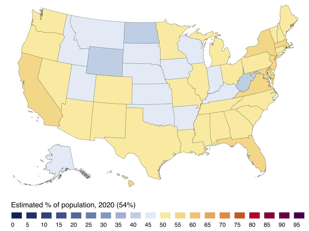 Map of U.S. showing most of the country with 50% or more embracing lowering carbon emissions.  Most of the midwest and upper midwest have far less buy in