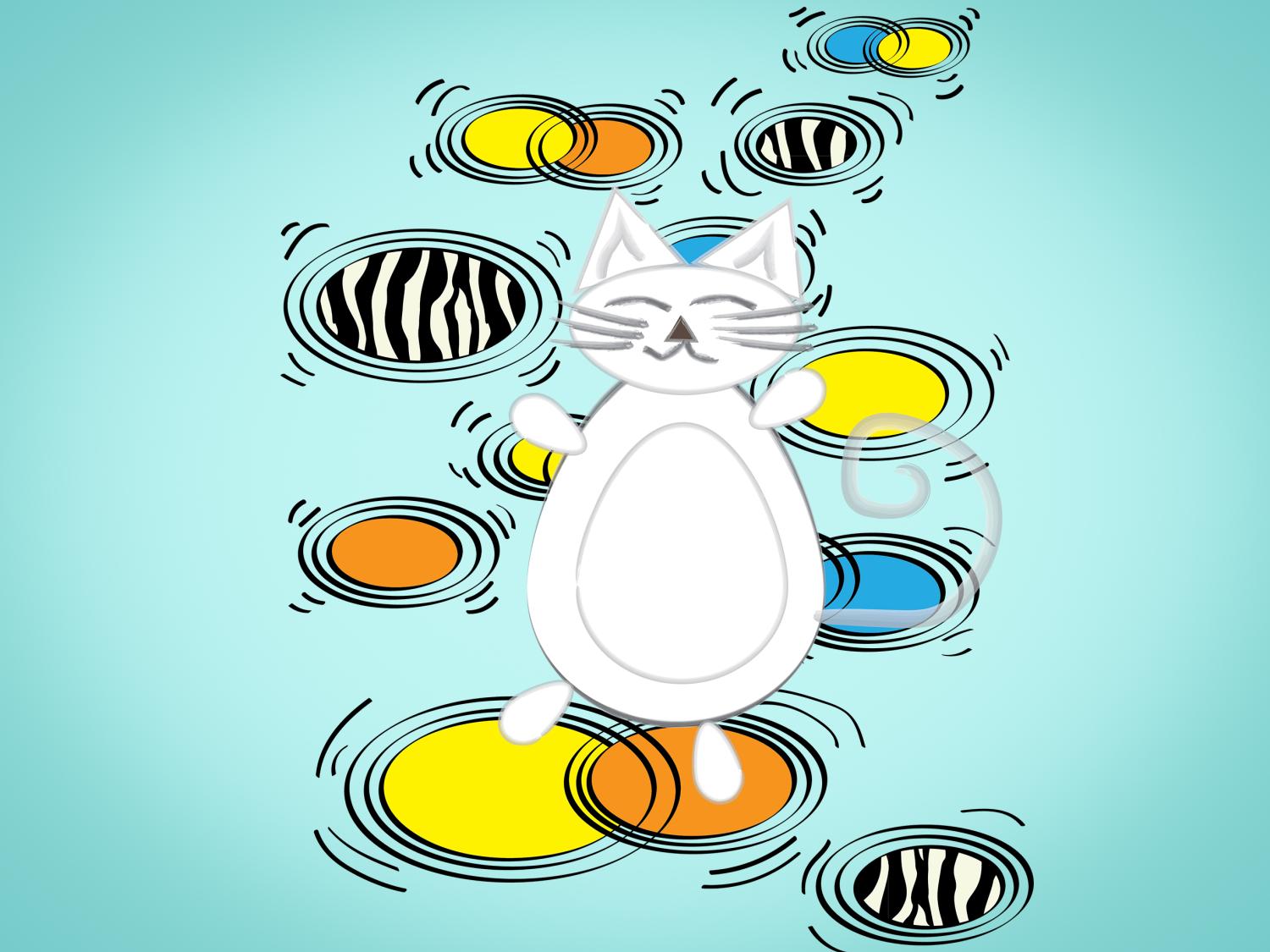 An illustration of a cartoon cat standing on several different pools of color.