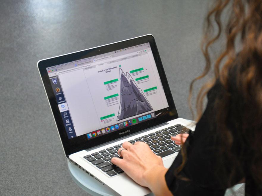 A woman looking at a graphic in the Canvas Learning Path. 