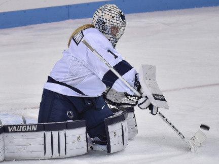 Penn State goaltender Hannah Ehresmann in front of the net at Pegula Ice Arena during an exhibition game